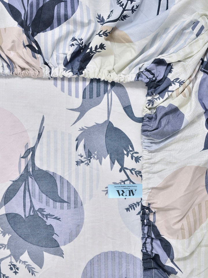 Aura White & Grey 300 TC Floral Fitted Double King Set Cadar 2.50 m x 2.25 m
