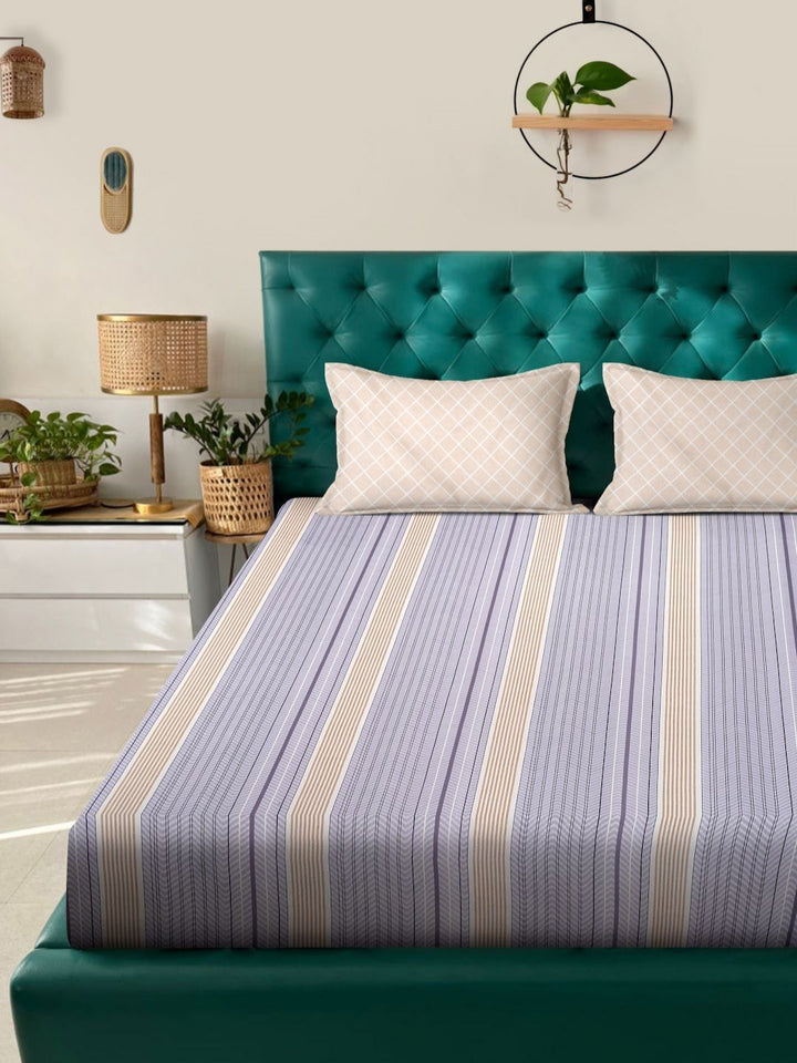 Myntra Elegant Homes Carnival Purple Striped Cotton 300 TC King Fine Bedsheet with 2 Pillow Covers-98 x 89 inches
