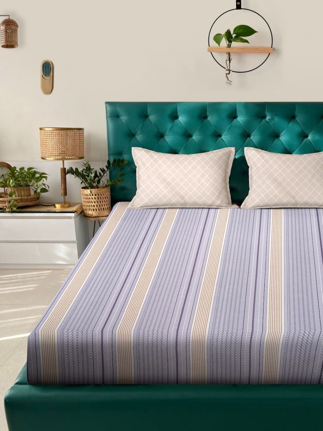Myntra Elegant Homes Carnival Purple Striped Cotton 300 TC King Fine Bedsheet with 2 Pillow Covers-98 x 89 inches