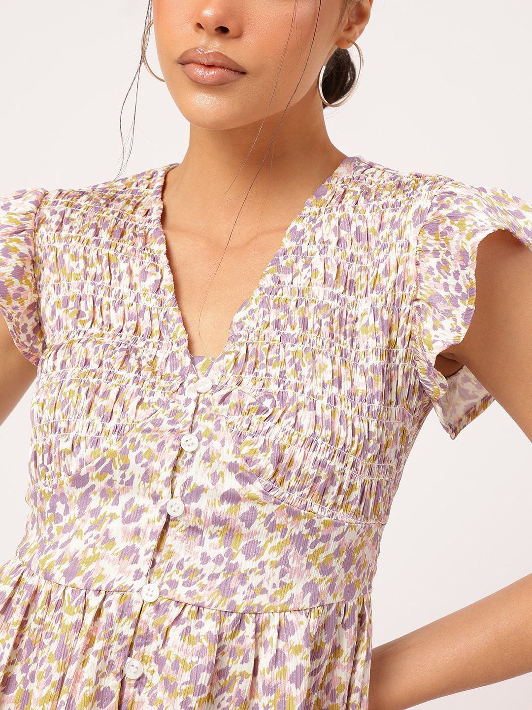 DressBerry Minimalist Muse Smocked Flutter Sleeves Printed Mini A-Line Dress