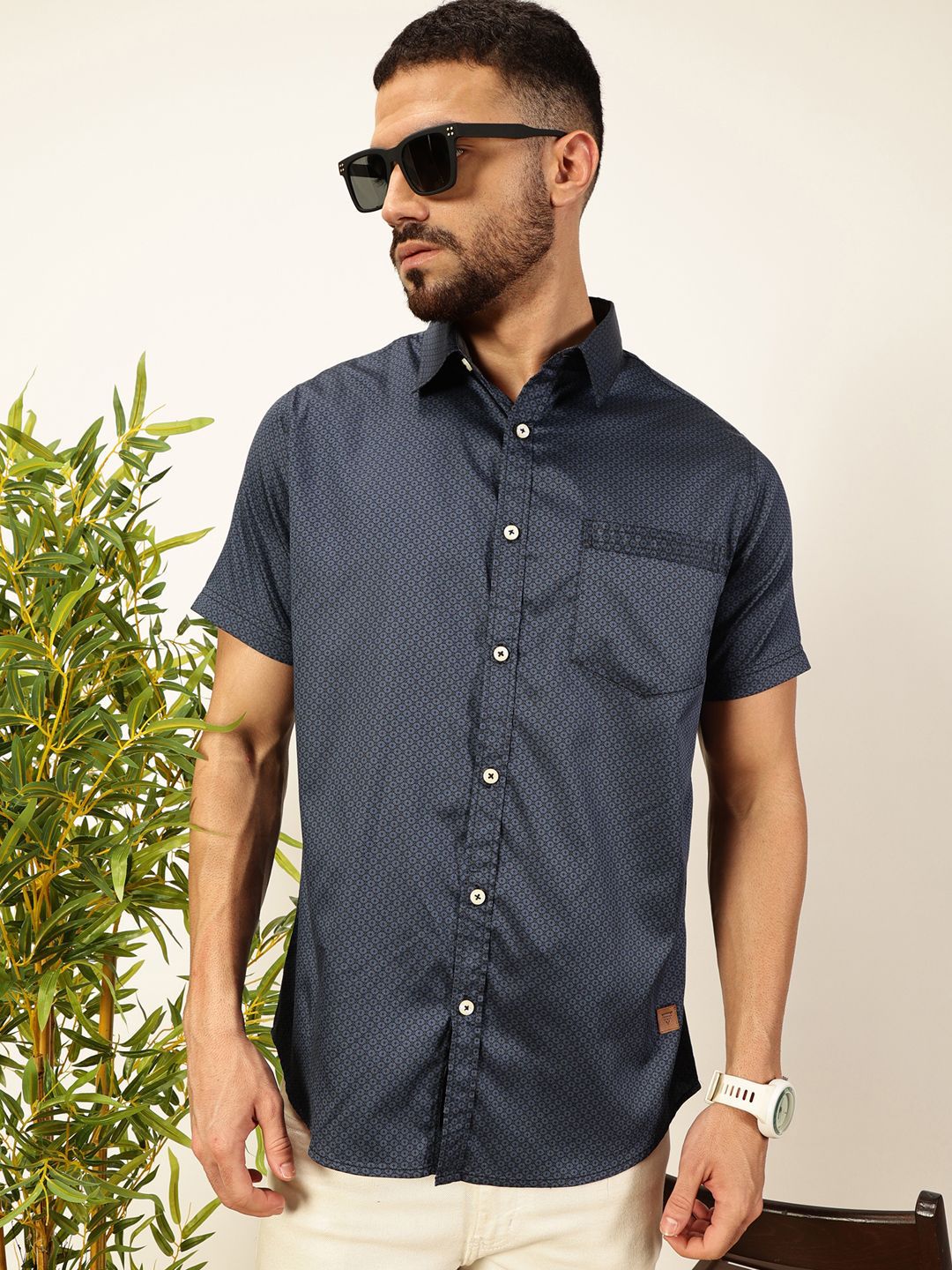 Thomas Scott Men Premium Spread Collar Micro Ditsy Printed Cotton Casual Shirt