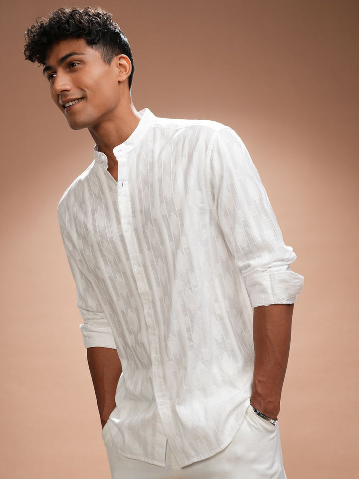 HIGHLANDER Men Comfort Relaxed Fit Band Collar Textured Cotton Casual Shirt