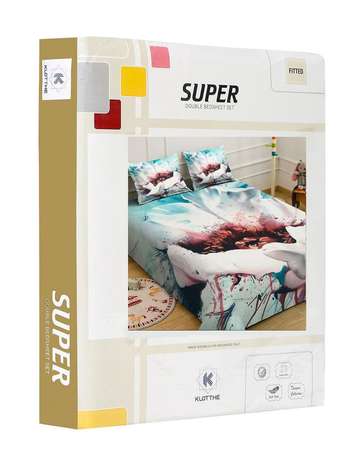 KLOTTHE Blue & Red Floral Printed Fitted 300 TC Super King Bedsheet With 2 Pillow Cover