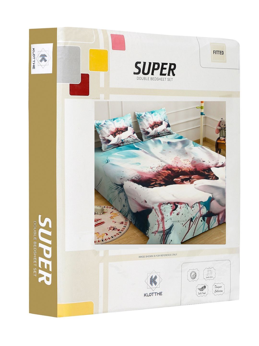 KLOTTHE Blue & Red Floral Printed Fitted 300 TC Super King Bedsheet With 2 Pillow Cover