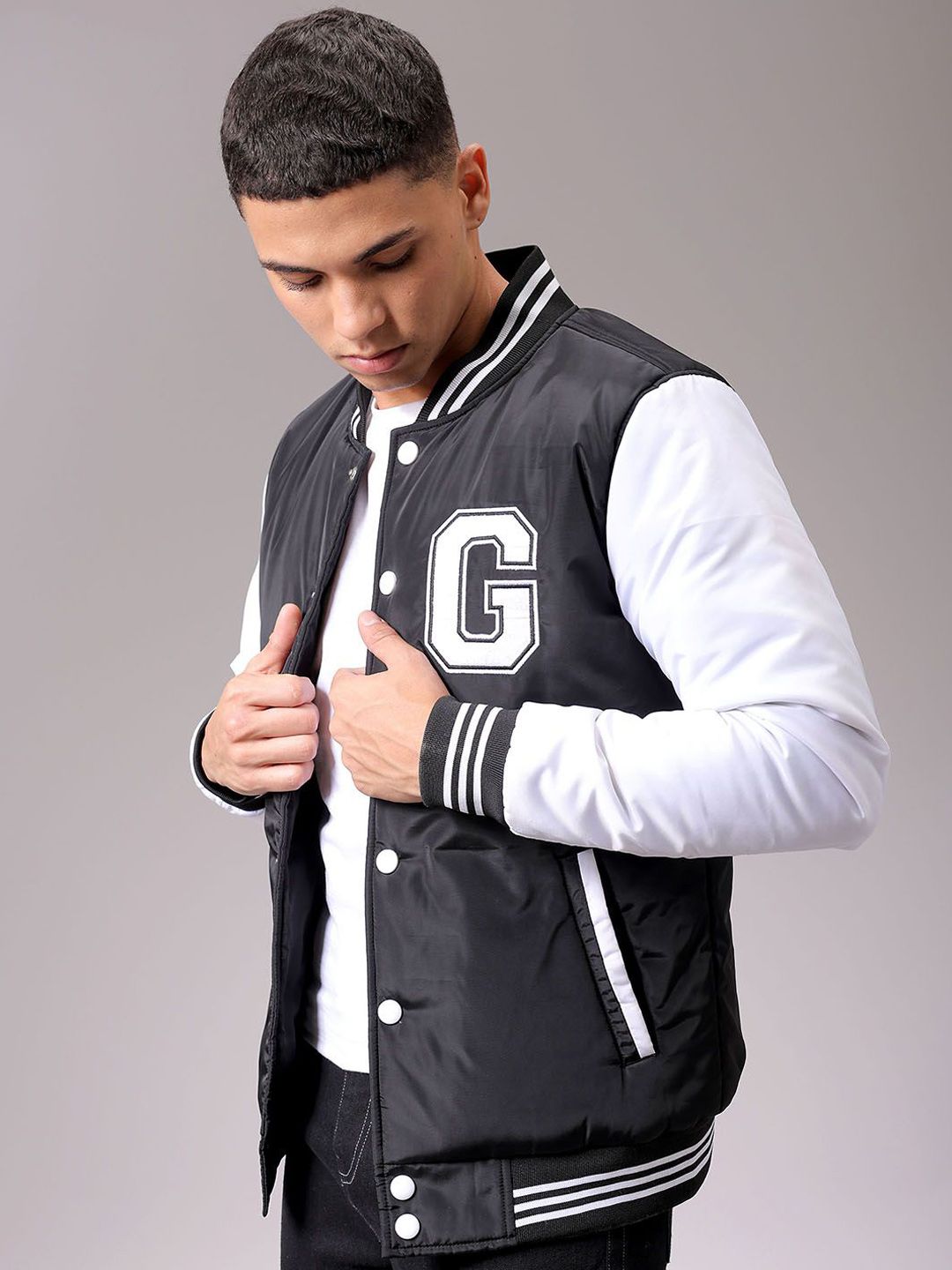 The Indian Garage Co Men Stand Collar Typography Printed Casual Varsity Jacket
