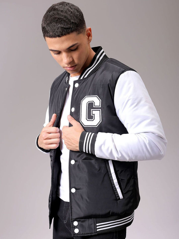 The Indian Garage Co Men Stand Collar Typography Printed Casual Varsity Jacket