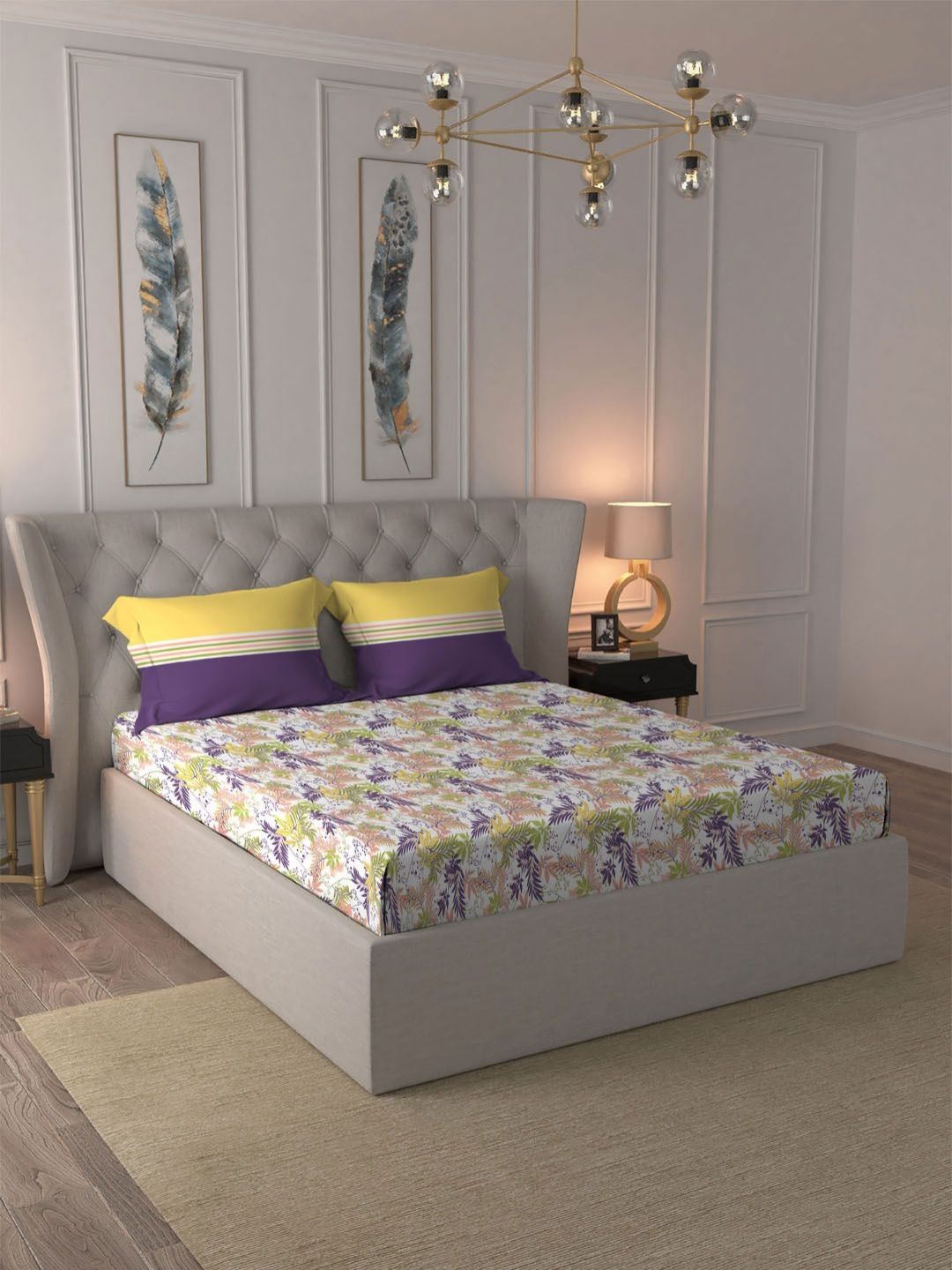 MYTRIDENT Firefly Purple Dusk & Dawn Flat 144TC Queen Cotton Bedsheet with 2 Pillow Covers