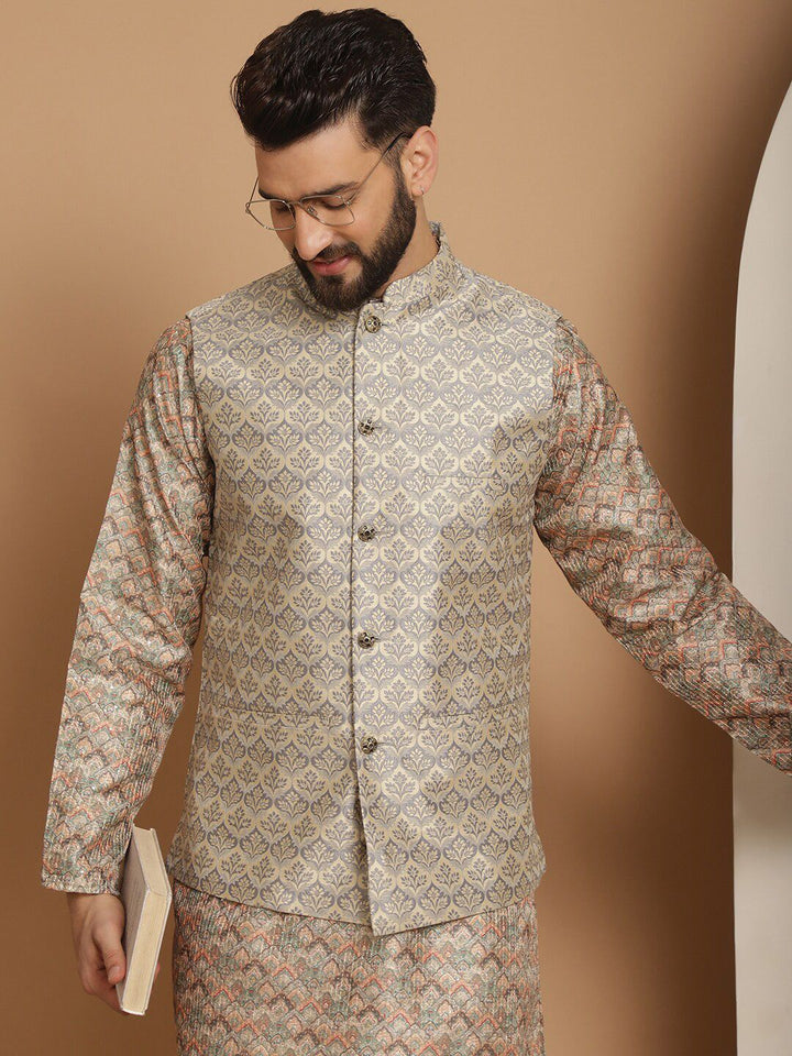 Anouk Beige Woven Design Striped Regular Straight Kurta With Churidar