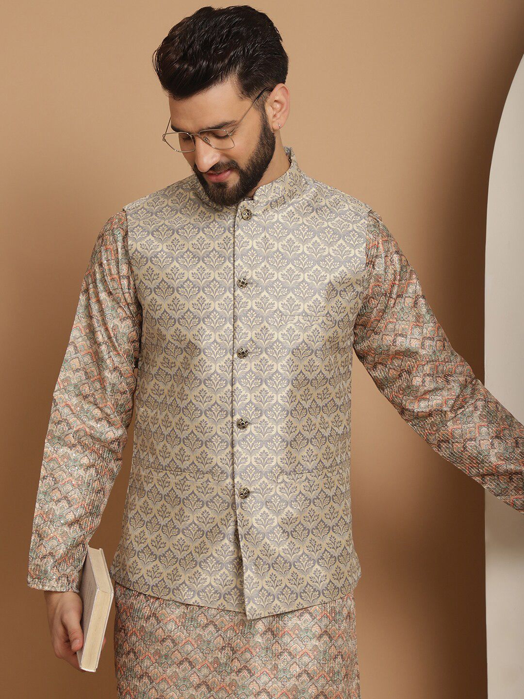 Anouk Beige Woven Design Striped Regular Straight Kurta With Churidar
