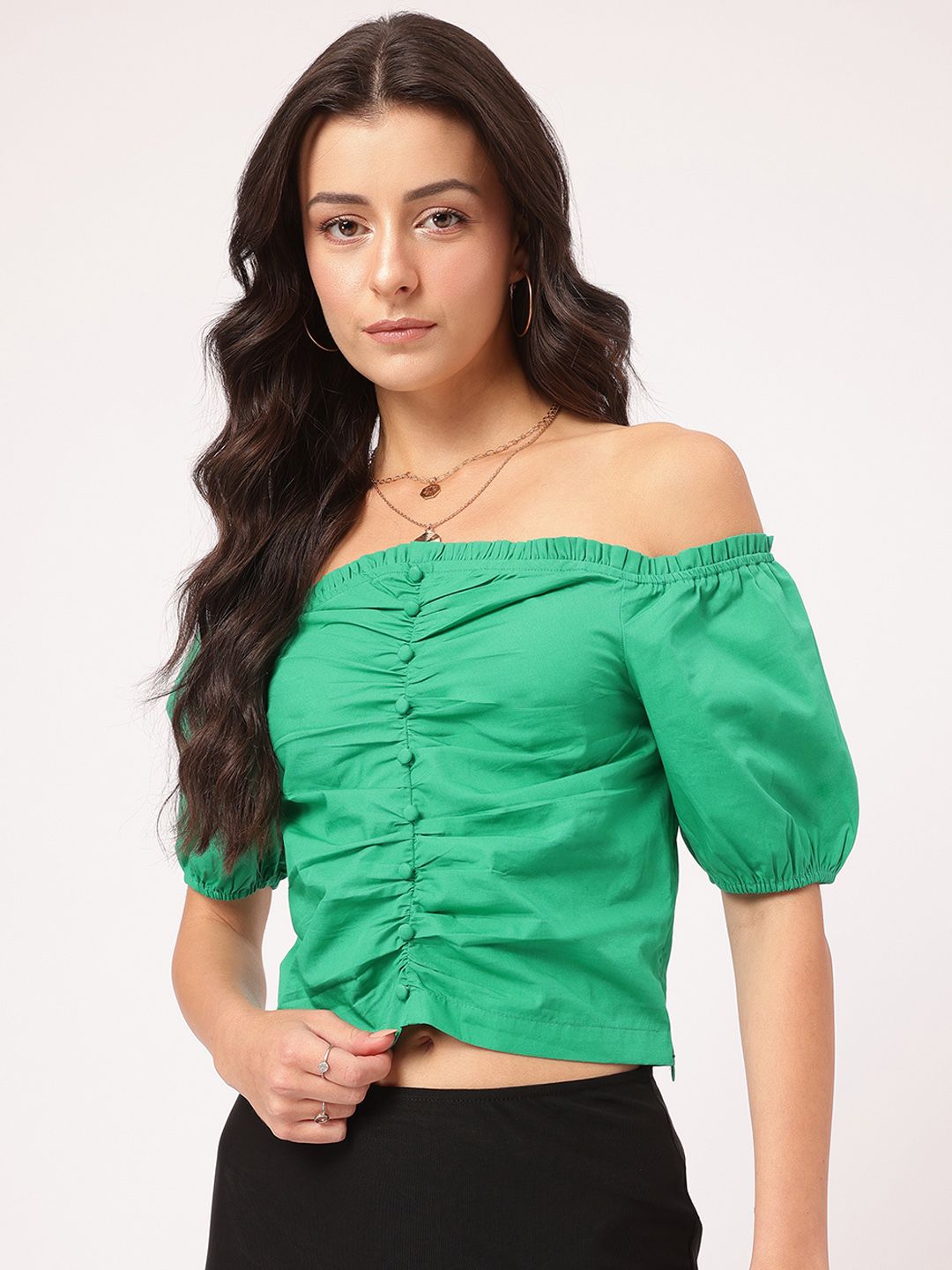 DressBerry Edgy Existence Ruched Bardot Crop Top
