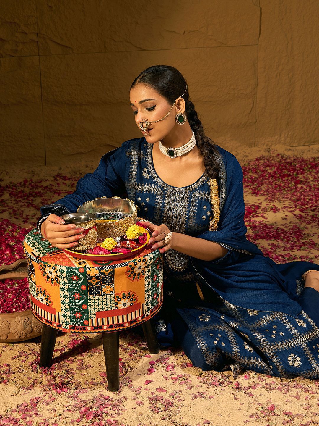 Indo Era Ethnic Motifs Embroidered Zari Straight Kurta with Trousers & Dupatta