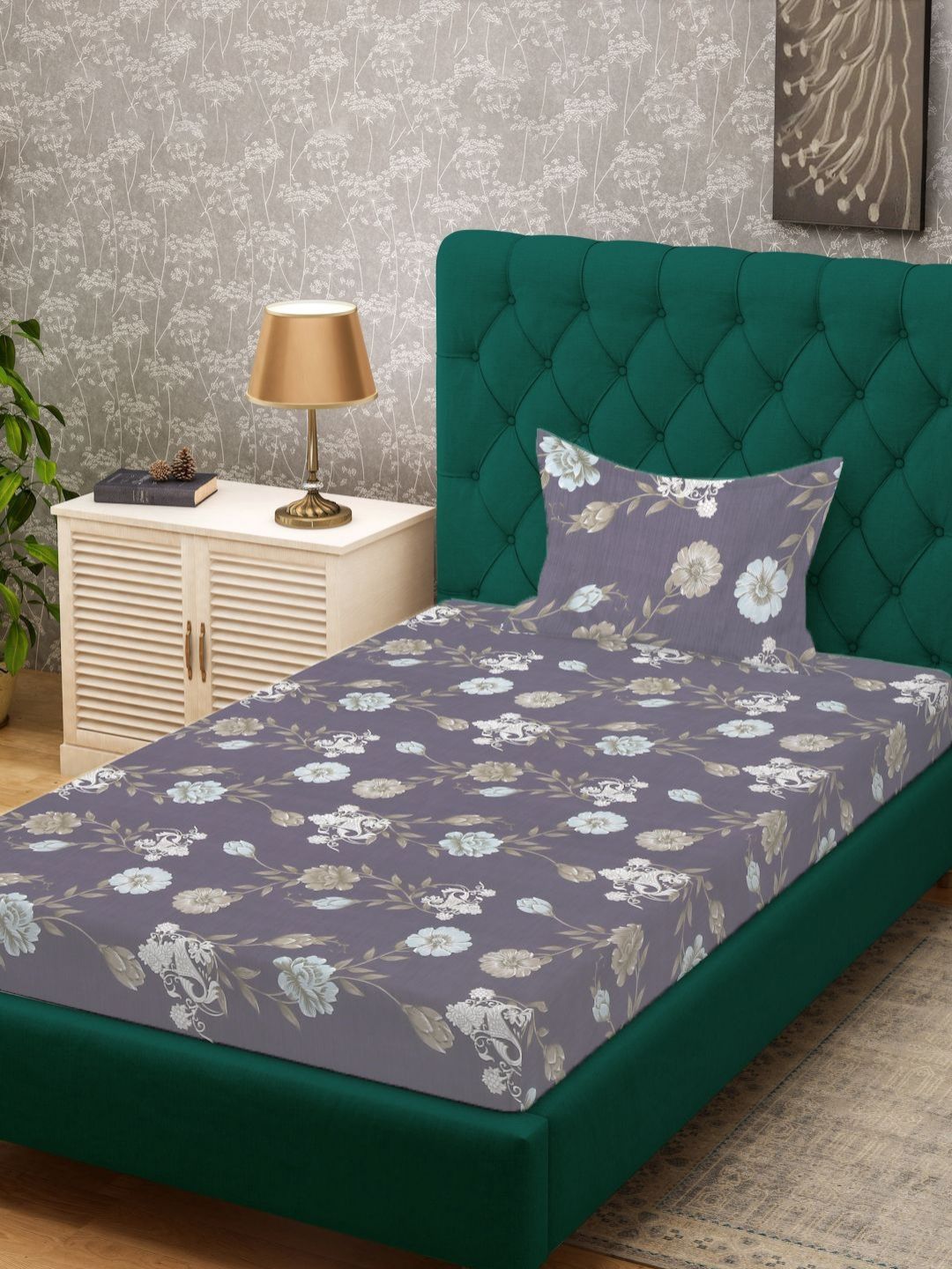 KLOTTHE Purple Floral Polycotton 300 TC Single Fine Bedsheet with a Pillow Cover-89 x 59 inches