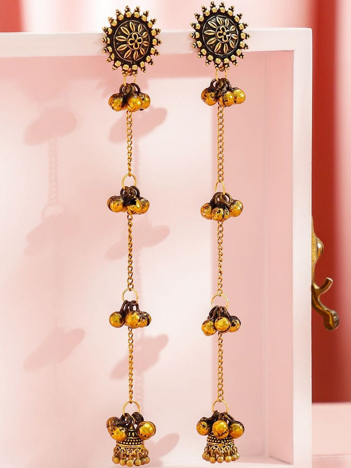 Rubans Oxidised 18K Gold Plated Flower Motif & Golden Ghungroo Beaded Long Drop Earrings