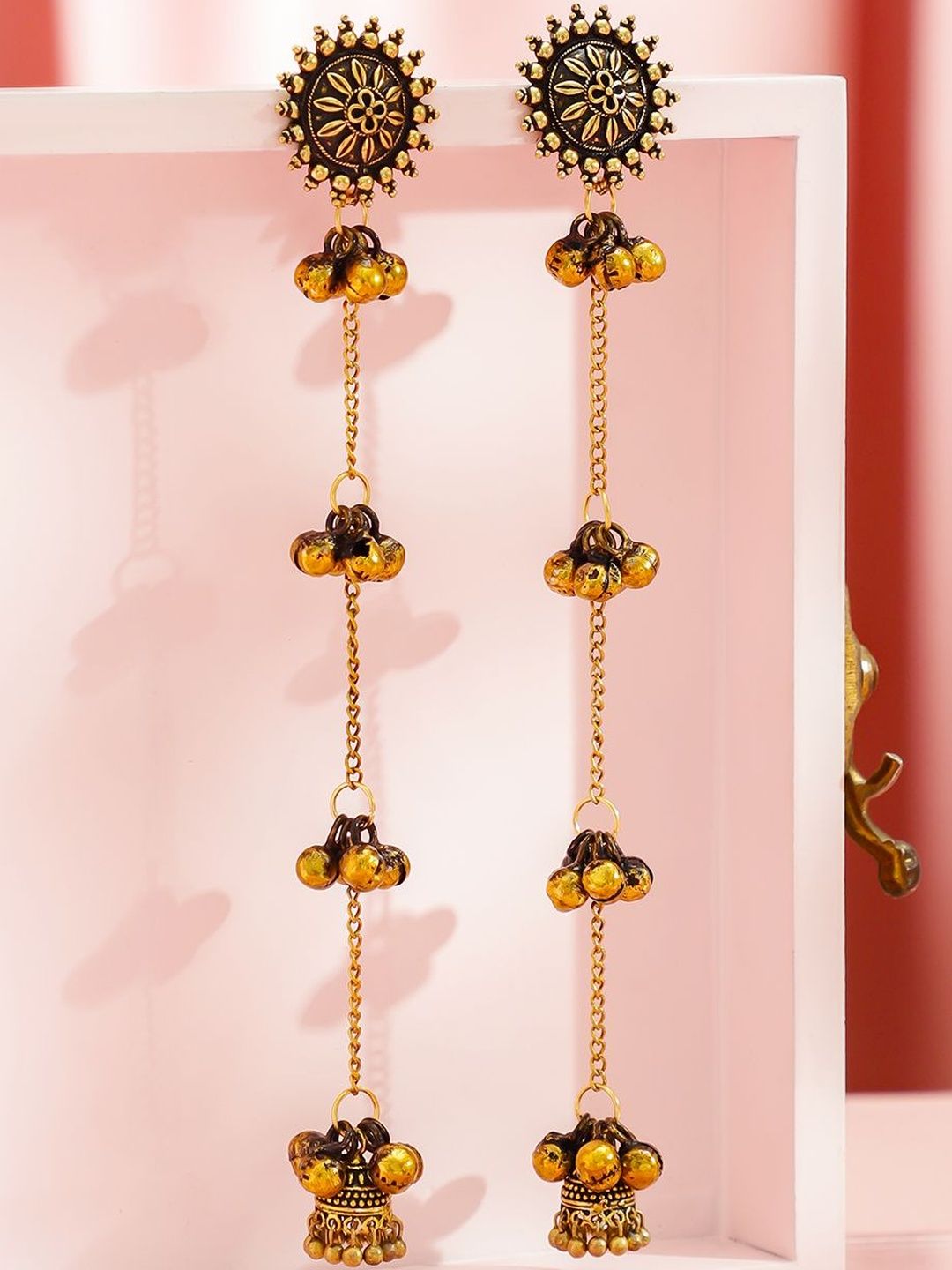 Rubans Oxidised 18K Gold Plated Flower Motif & Golden Ghungroo Beaded Long Drop Earrings
