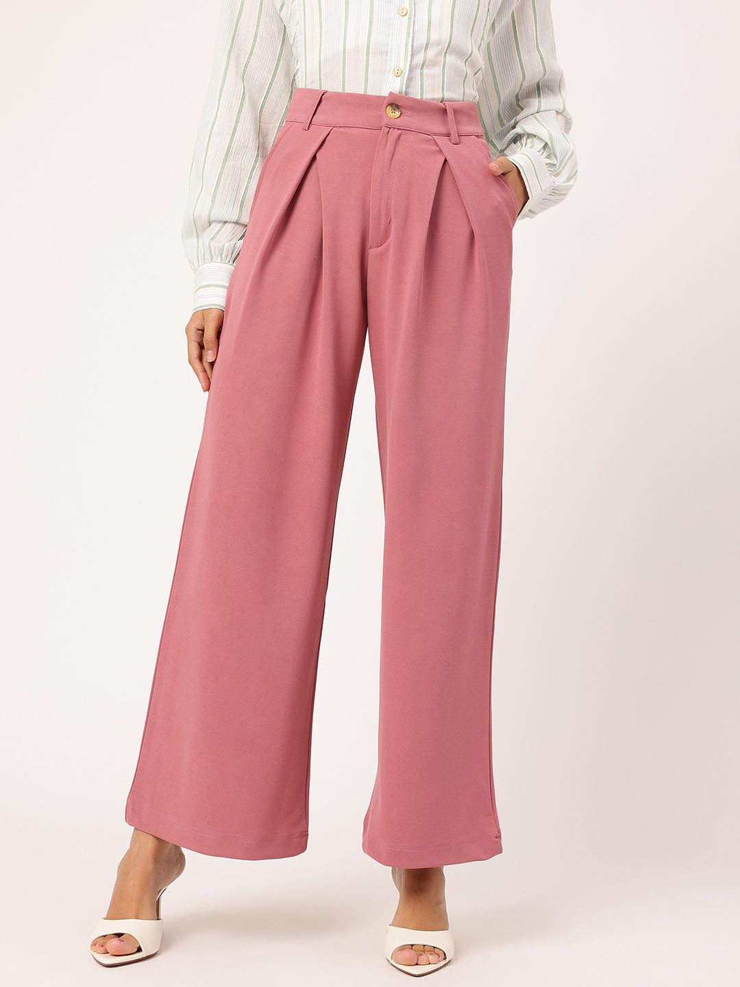 DressBerry Women Power Play High-Rise Pleated Flared Formal Trousers