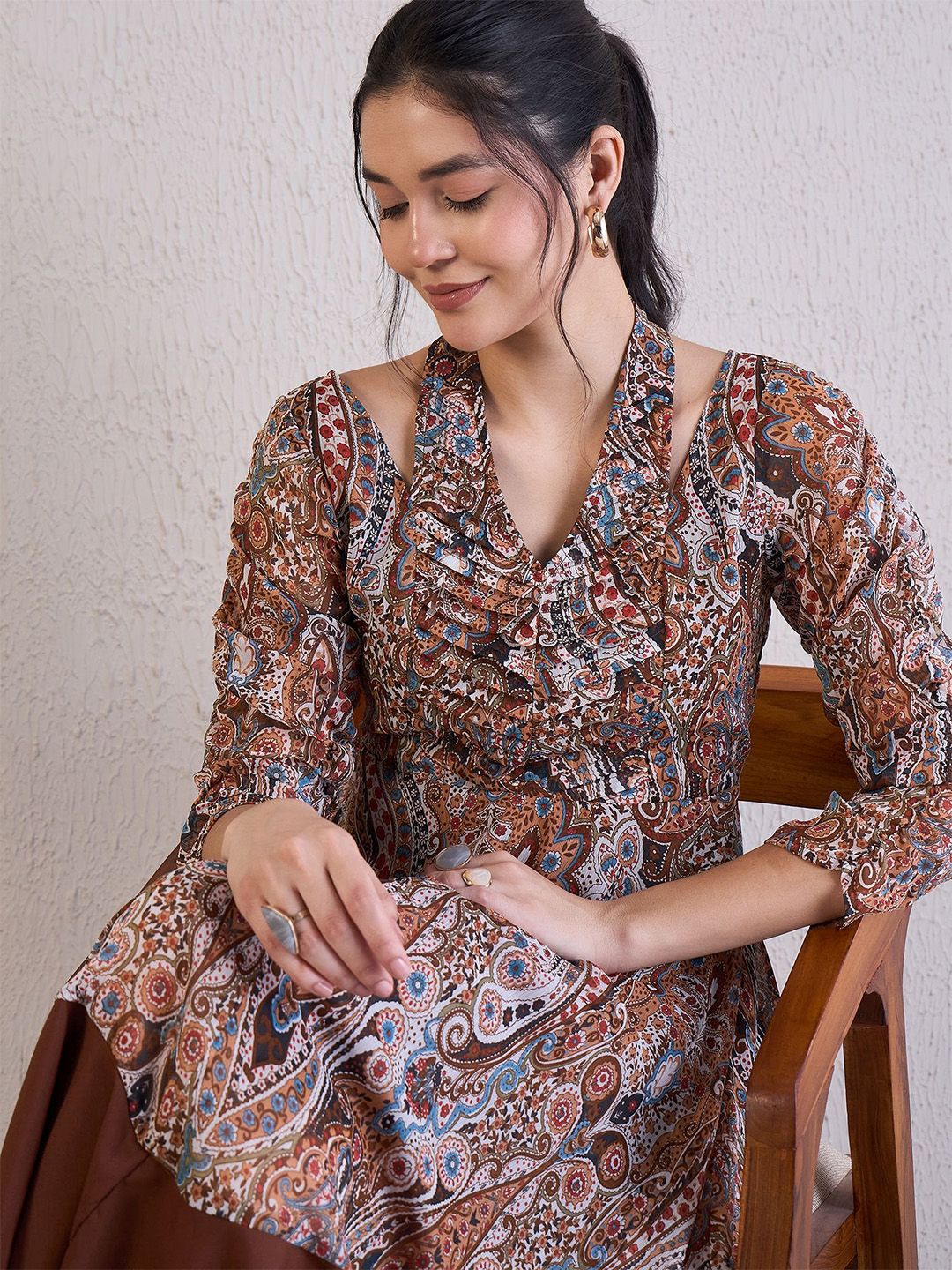 Antheaa Ethnic Motifs Printed Chiffon Fit & Flare Midi Dress
