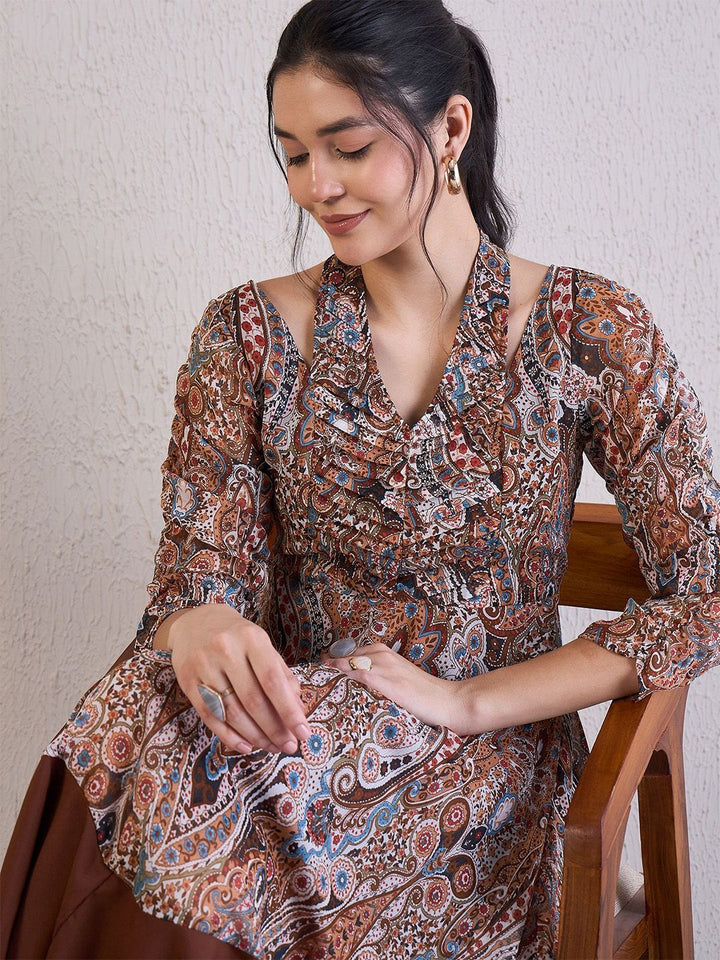Antheaa Ethnic Motifs Printed Chiffon Fit & Flare Midi Dress