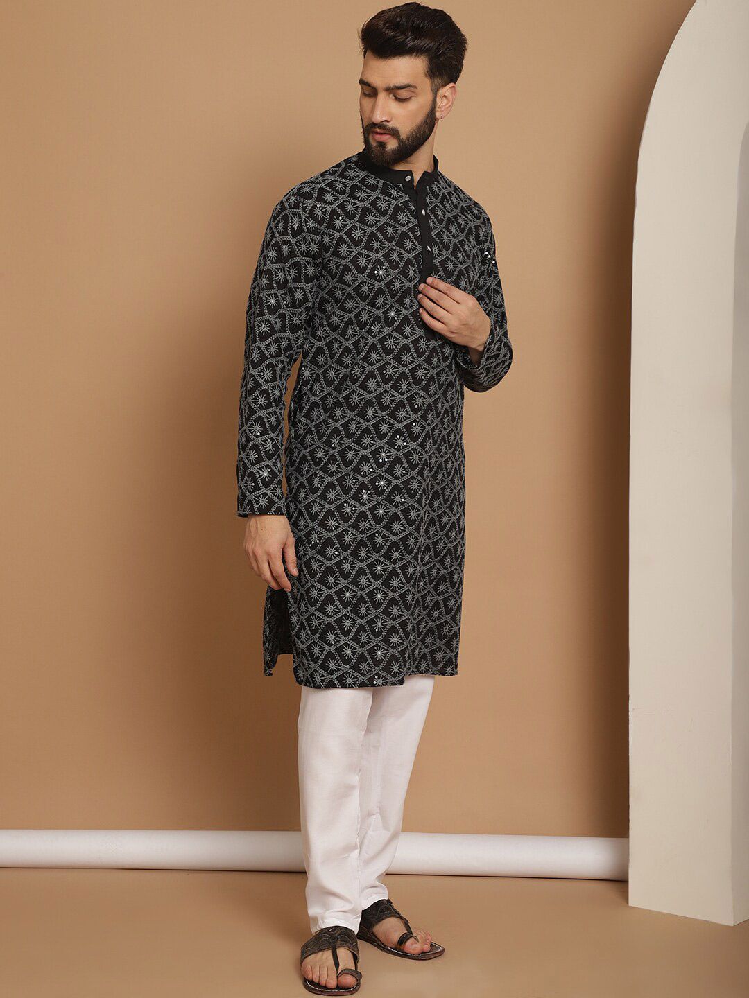 Anouk Ethnic Motifs Mandarin Collar Long Sleeves Pure Cotton Kurta Set