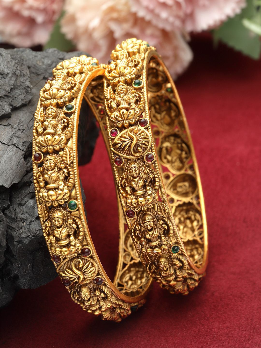 PANASH Set Of 2 24 CT Gold-Plated AD-Studded Antique Bangles