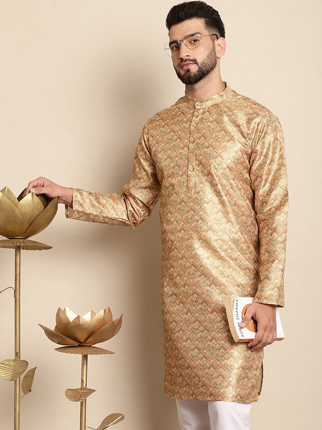 Anouk Ethnic Motifs Printed Band Collar Sequins Detail Silk Cotton Straight Kurta