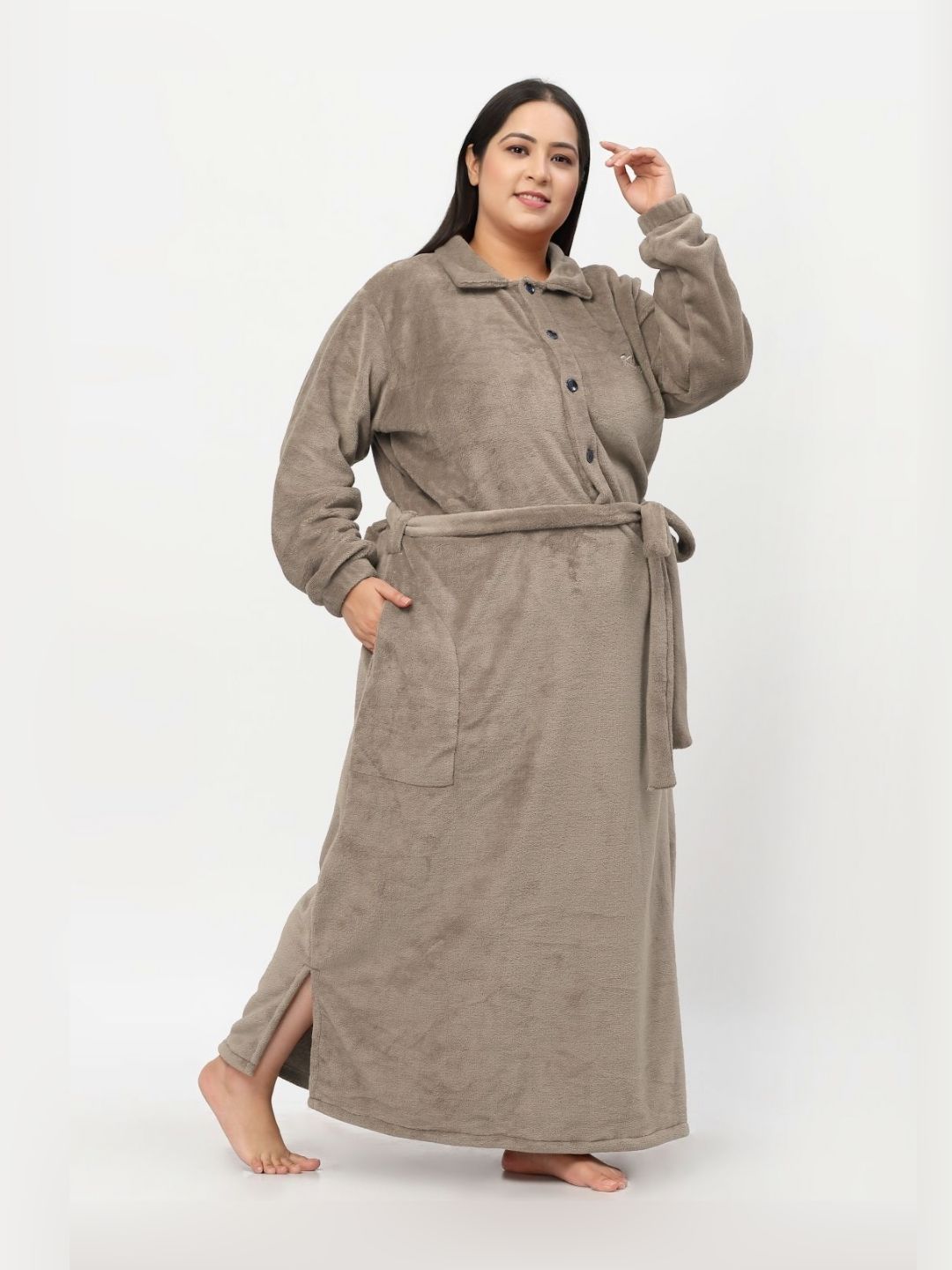 KLOTTHE Plus Size Brown Woollen Long Sleeves Bath Robe With Belt
