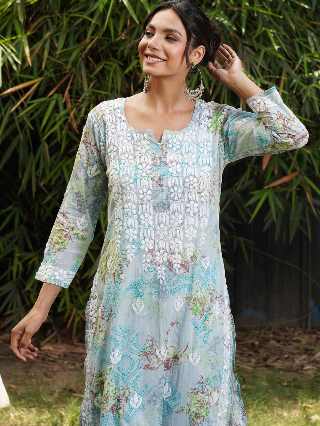 House of Chikankari Women Floral Printed Chikankari Indie Florals Kurta