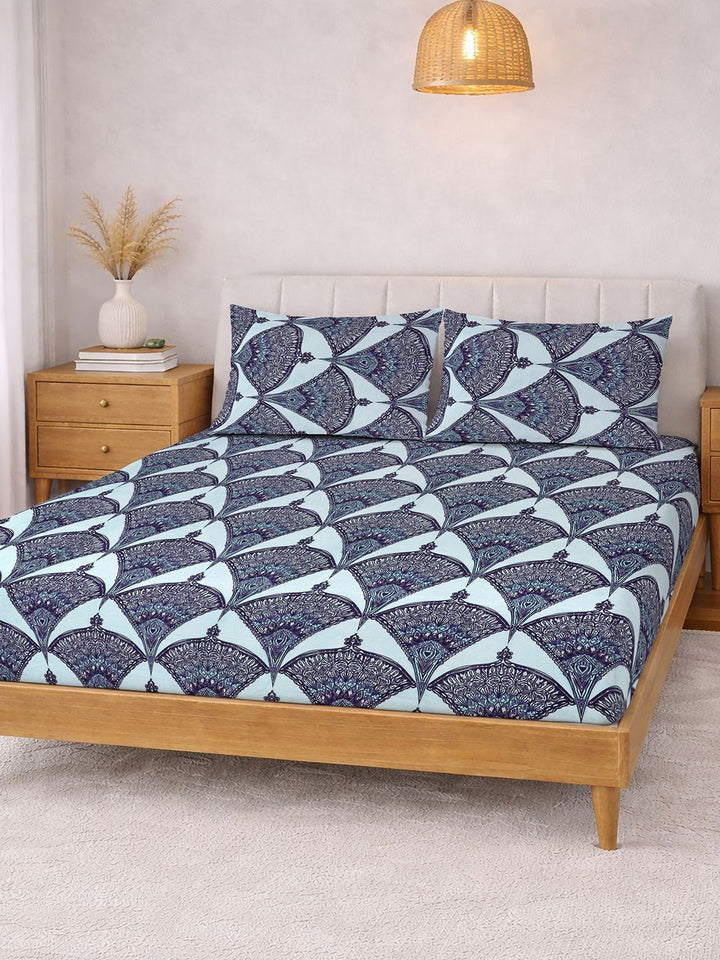 KLOTTHE Blue Floral Printed Dilengkapi Cadar 400TC Super King Dengan 2 Sarung Bantal