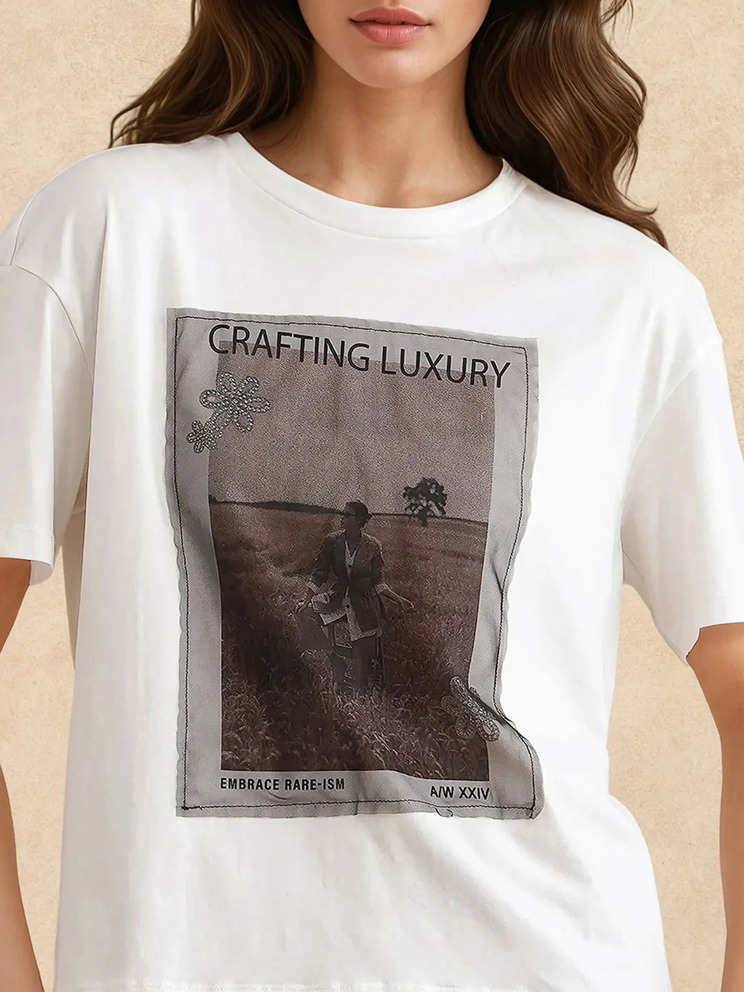 Rareism Wanita Grafik Bercetak Kapas Leher Pusingan T-shirt Santai