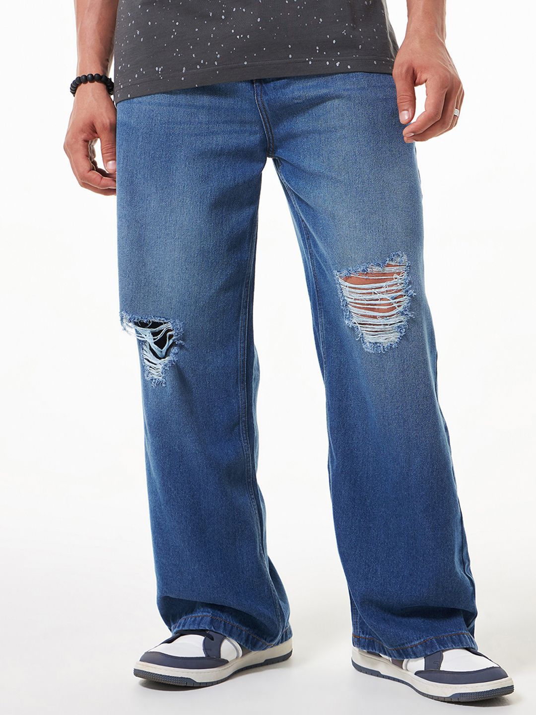 Bewakoof Men Cotton Straight Fit High-Rise Highly Distressed Light Fade Jeans