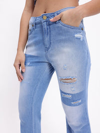 DressBerry Women Vintage Flair Mildly Ripped Heavy Fade Pure Cotton Flared Jeans