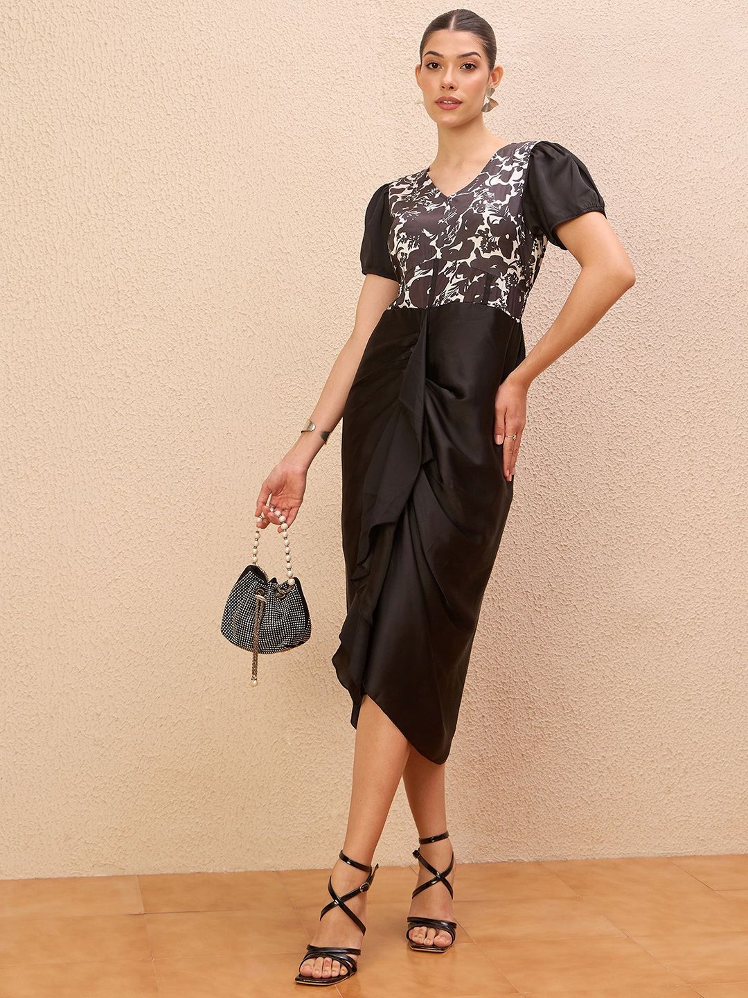 Antheaa Women Puff Sleeve Satin Sheath Midi Dress