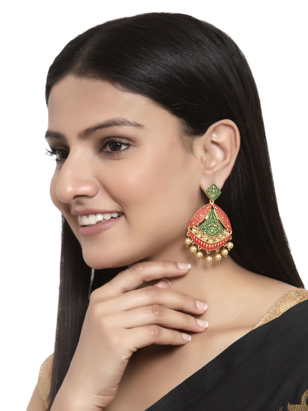 Anouk Red & Green Gold-Plated Stone-Studded & Beaded Contemporary Drop Earrings