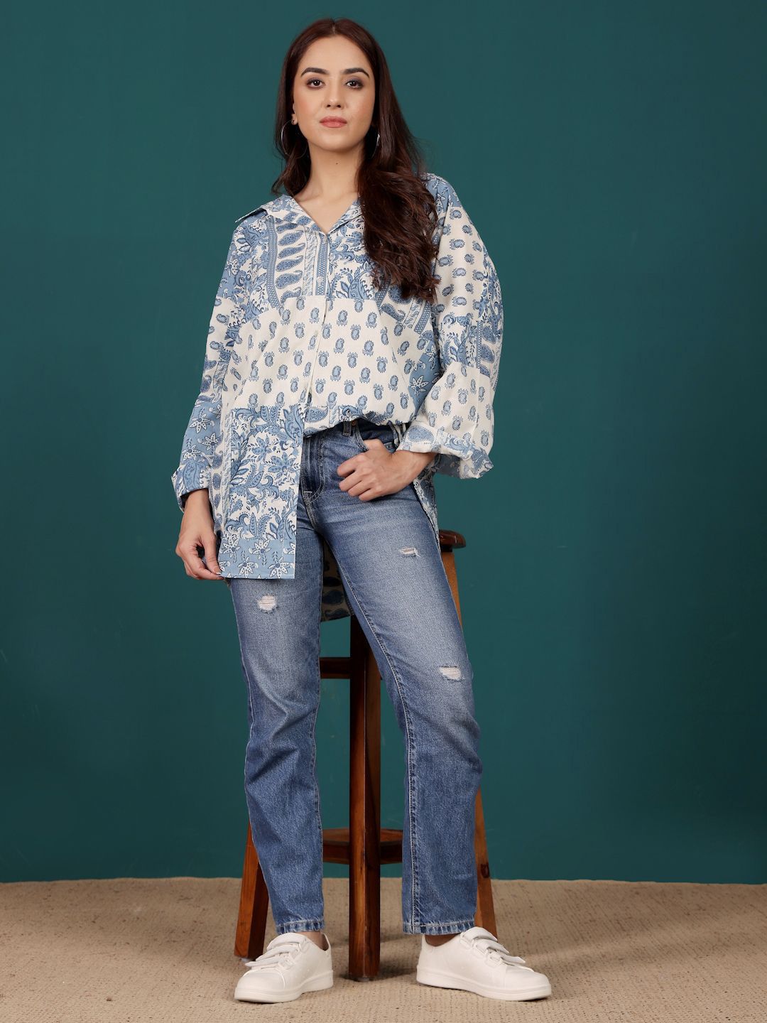 Varanga Print Cotton Shirt Style Longline Top