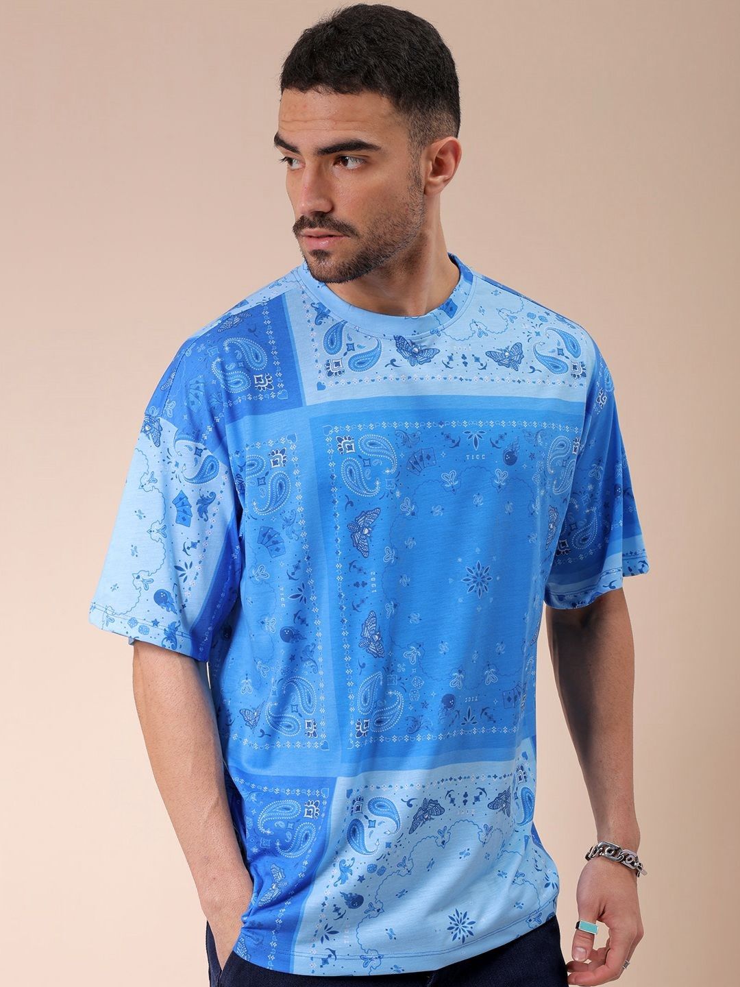 The Indian Garage Co Men Abstract Printed Round Neck Oversized T-shirt