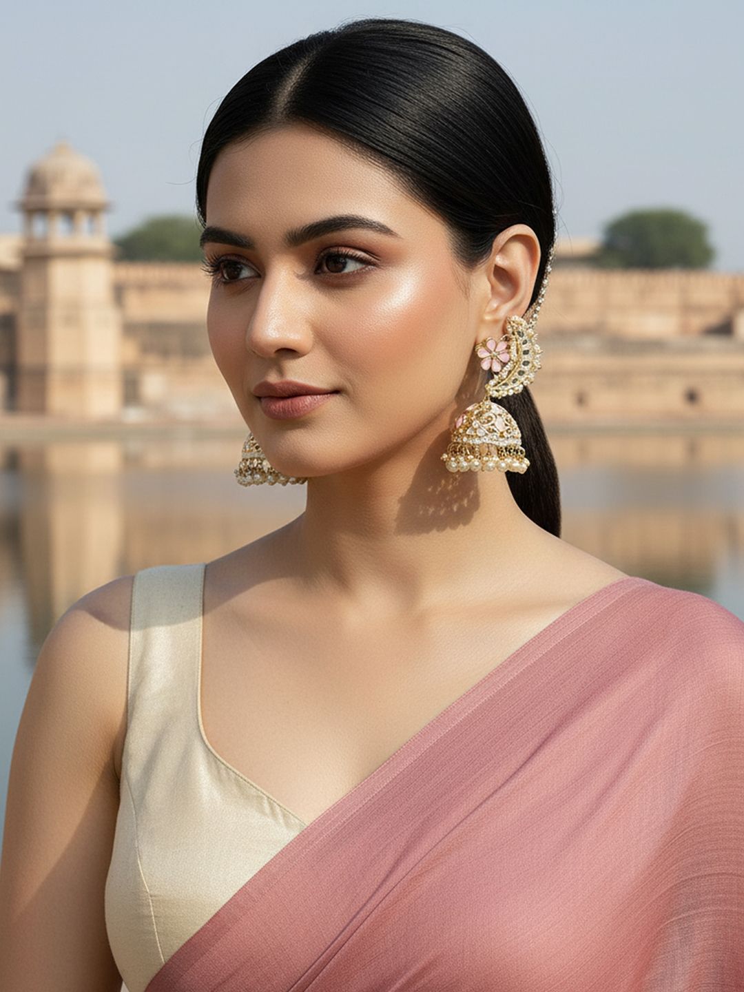 KARATCART Gold Plated Kundan Studded & Beaded Dome Shaped Jhumkas