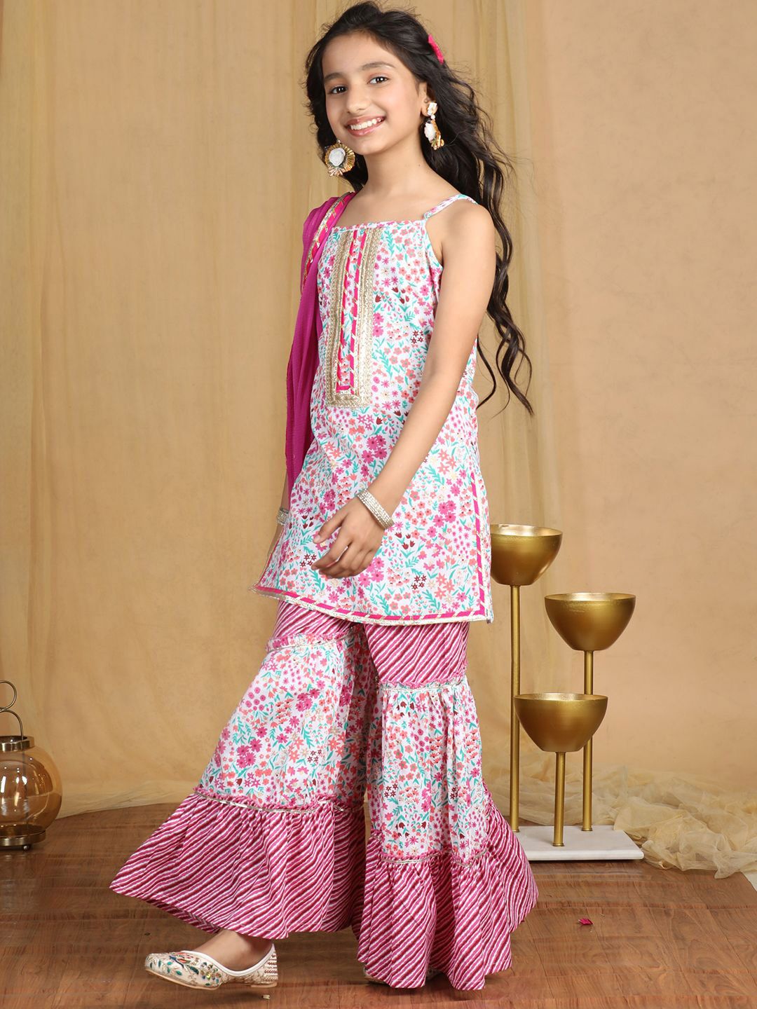 Cutiekins Girls Floral Printed Regular Gotta Patti Kurta with Sharara & With Dupatta