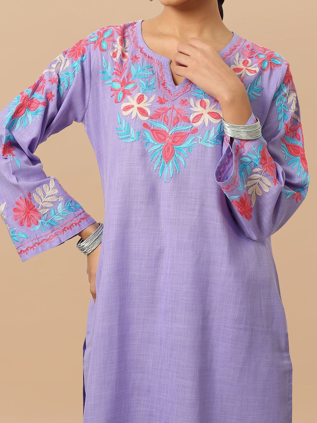 HOUSE OF KARI Flora Embroidered Thread Work Falak Kashmiri Straight Kurta With Trousers
