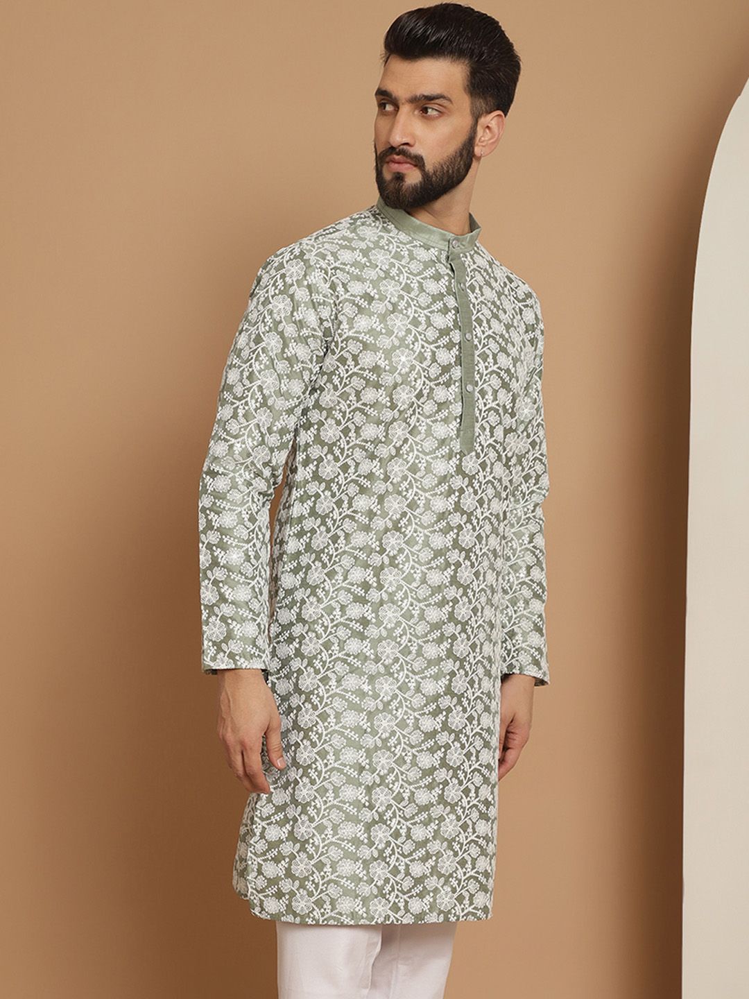 Anouk Men Green Ethnic Motifs Printed Thread Work Kurta