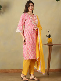 Mamicha Women Ethnic Motifs Printed Regular Thread Work Pure Cotton Kurta with Trousers & With Dupatta