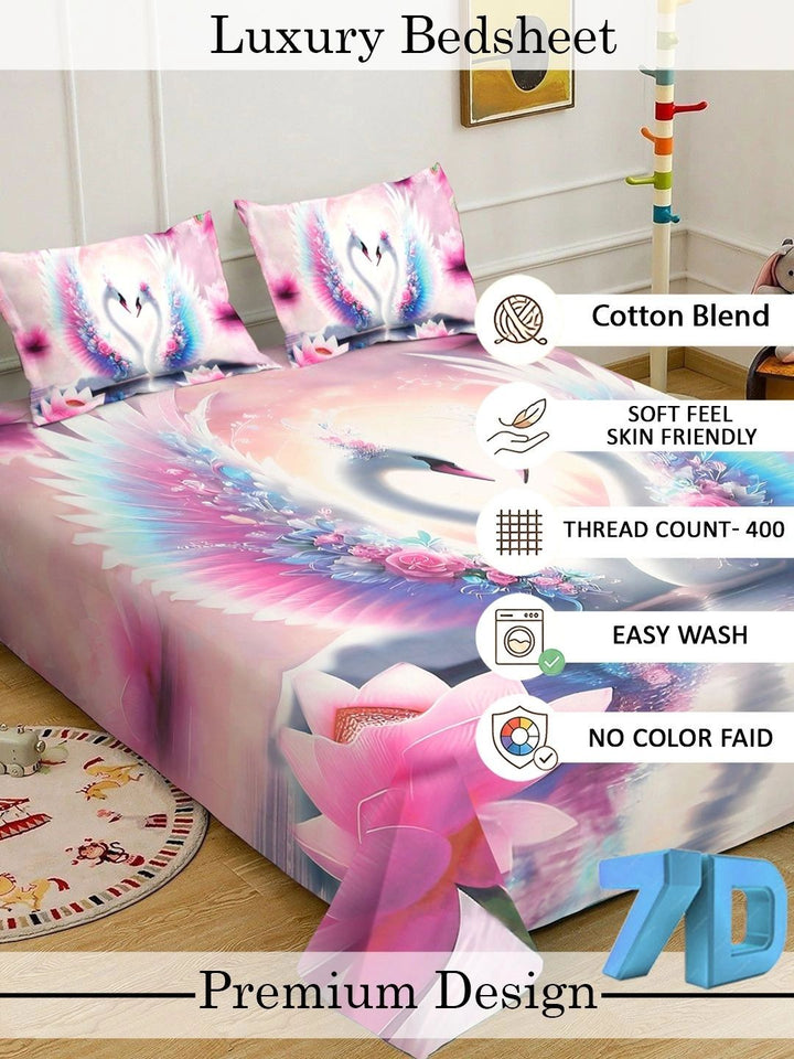 KLOTTHE Pink Animal Cartoon Flat 400 TC Double King 7D Bedsheet With 2 Pillow Cover