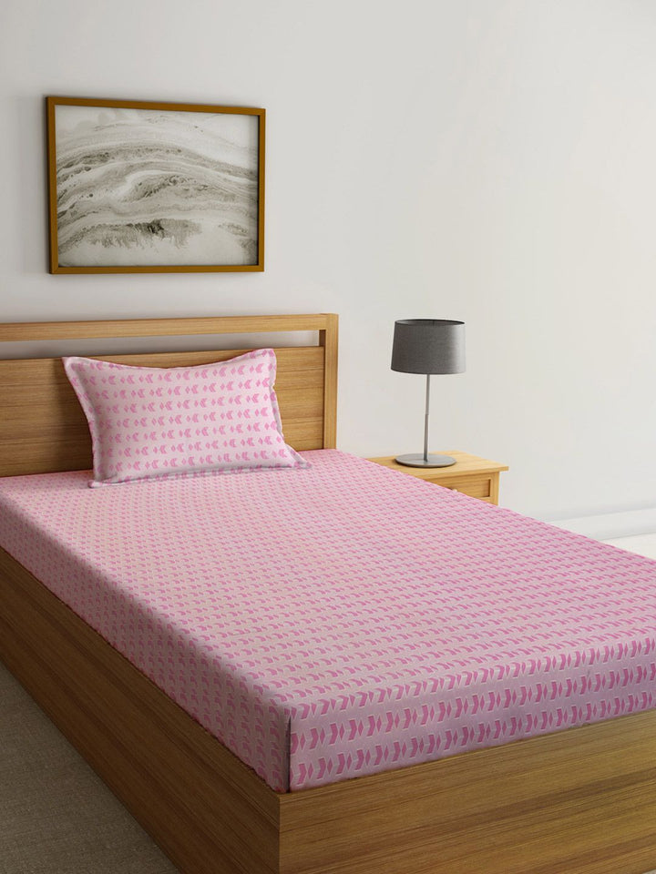 KLOTTHE Pink & White Printed Fitted 300 TC Single Bedsheet With 1 Pillow Cover