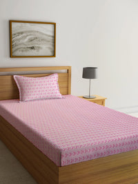 KLOTTHE Pink & White Printed Fitted 300 TC Single Bedsheet With 1 Pillow Cover