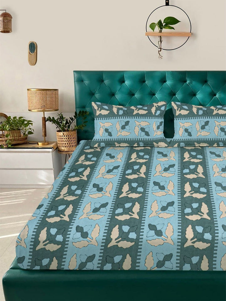 Aura Green & Blue Floral 300 TC Fitted Double King Bedsheet Set 2.50 m x 2.25 m