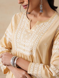 House of Chikankari Women Beige Cotton Chikankari Embroidered Kurta