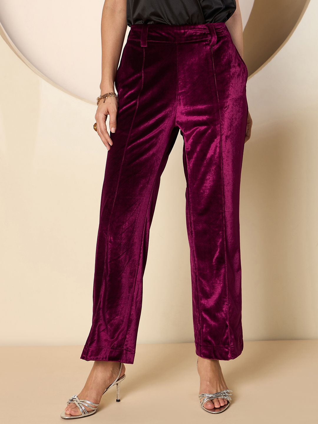 Antheaa Women Smart Straight Fit Velvet Trousers