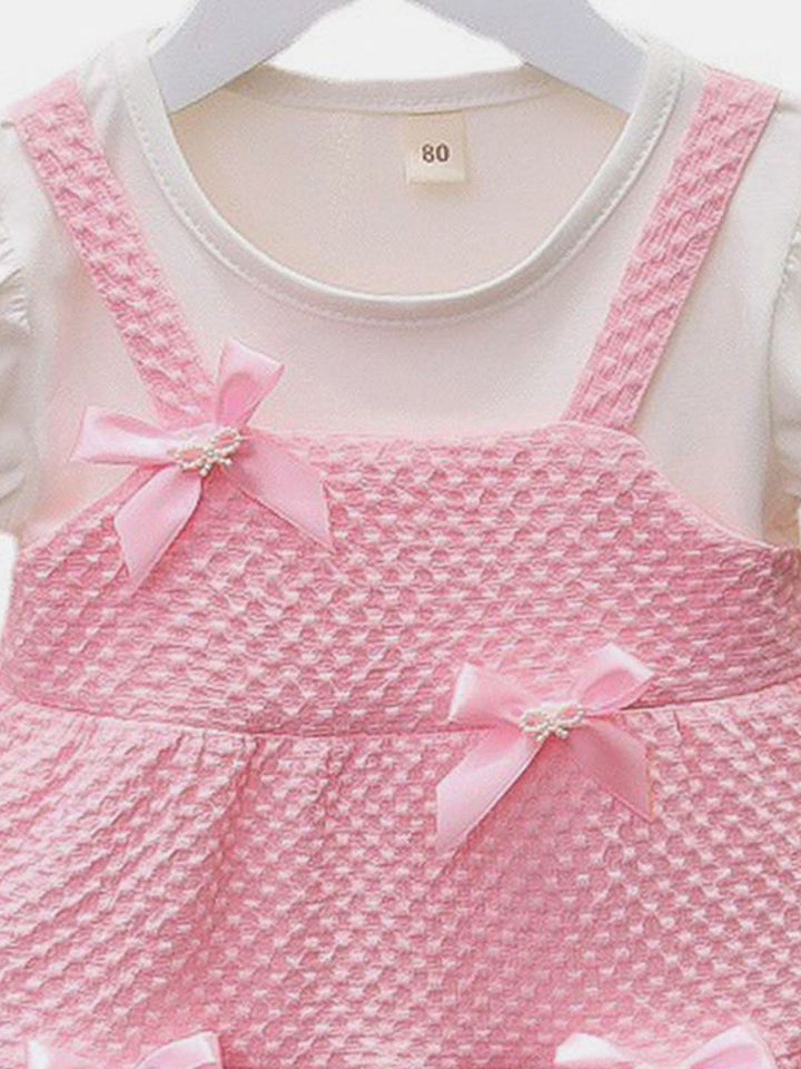 YK Girls Self Design Bow Detail Cotton Fit and Flare Dress
