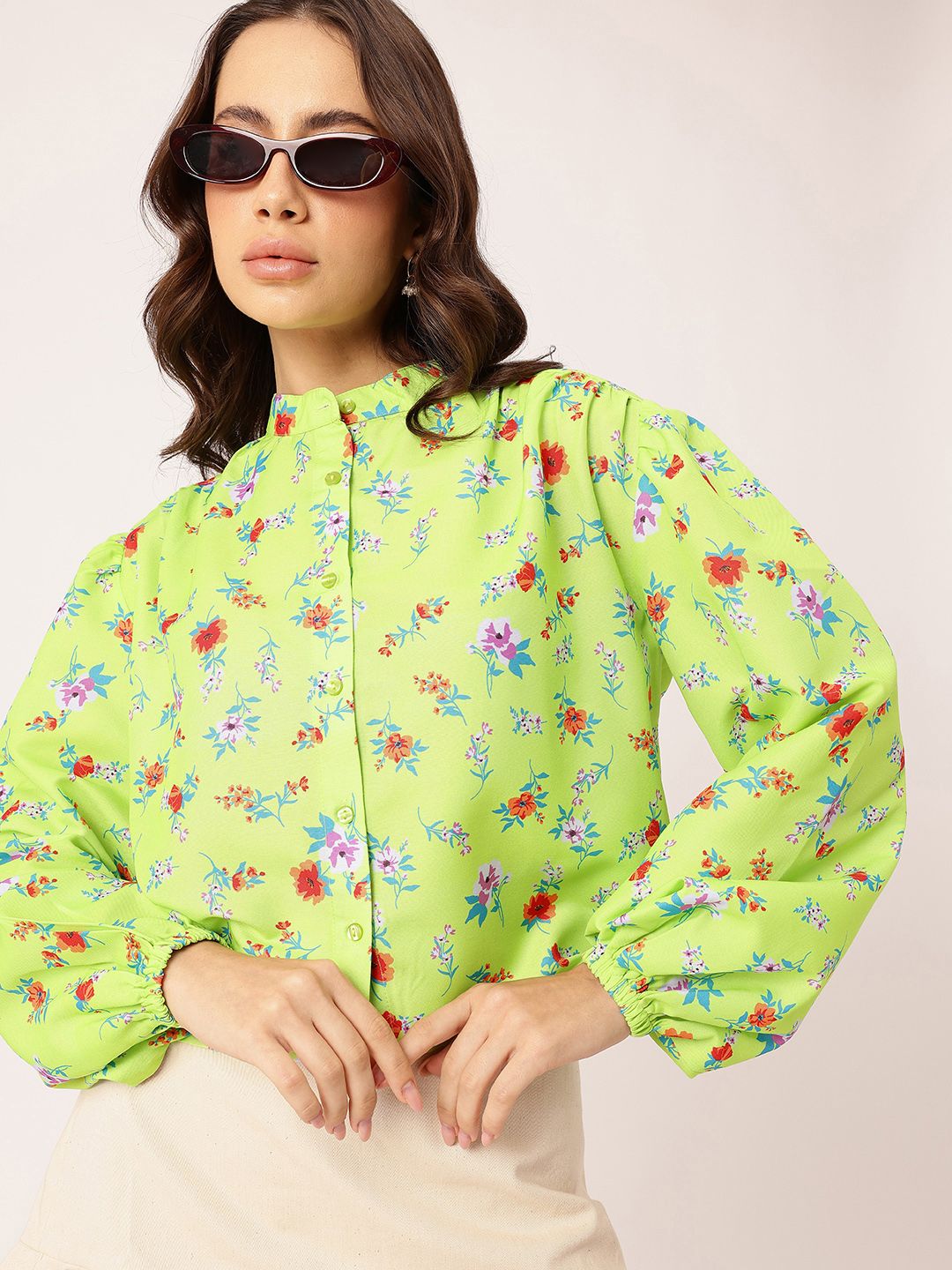 DressBerry Stylish Blossoming Printed Gathers Boxy Casual Shirt