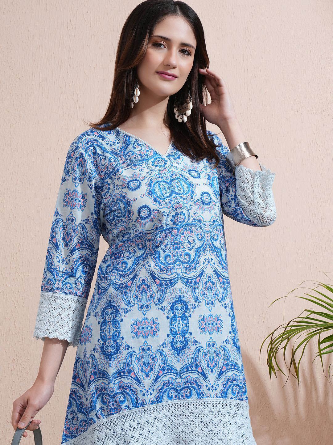 Vishudh Blue Printed V-Neck Three-Quarter Sleeves Pure Cotton Top With Trouser