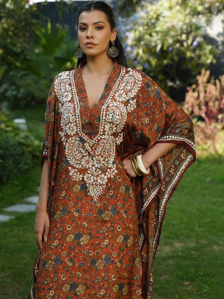 House of Chikankari Women Printed Chikankari Crepe Kaftan Kurta