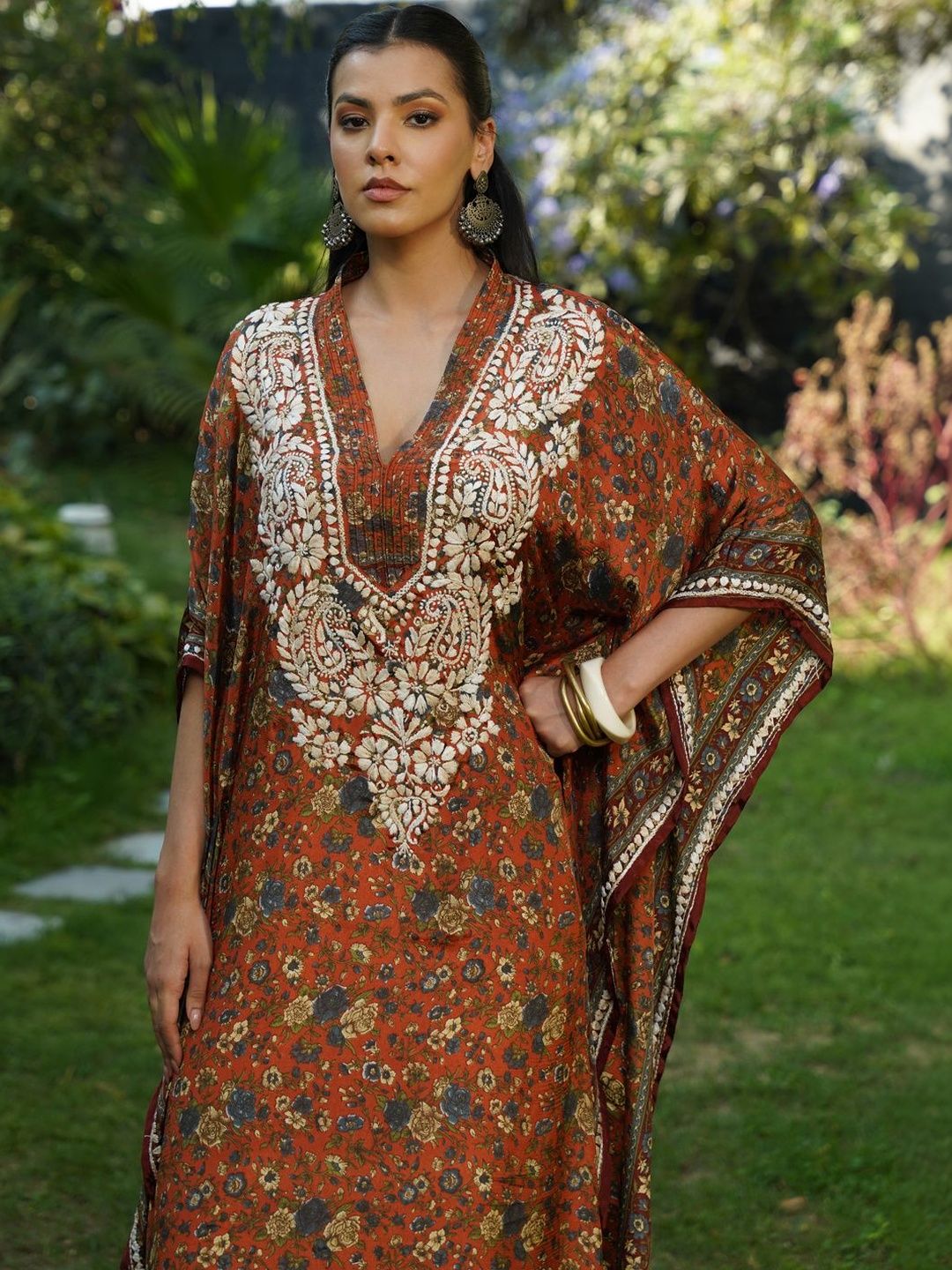 House of Chikankari Women Printed Chikankari Crepe Kaftan Kurta
